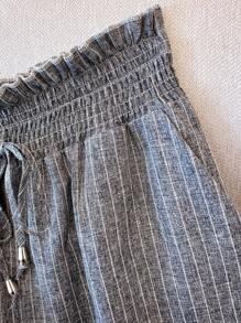 Franclia 女士亚麻质感条纹装饰腰部阔腿裤，休闲假日风格，春夏 - 深灰色 - 查看 3