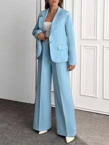 EURMUSE 2 件纯色西装外套和阔腿裤 - 淺藍色 - 查看 3