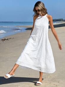 RueChic Tunic Dress With Eyelet Embroidery, Keyhole At The Back, Halterneck, Long Length - White - View 5