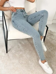 SHEIN Cottnline High Waist Button Detailed Skinny Jean - Medium Wash - View 6