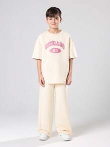 SUMWON Cozy Chicago Collection Two Piece Outfit Matching Unisex Kids Wear Set With Relaxed T Shirt And Wide Leg Pants For Autumn Winter Wear - Apricot - View 1