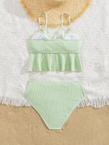 2pcs Girls' Cute Ruffle Trim Swimsuit Set, Suitable For Beach, Vacation In Summer - Green - View 2