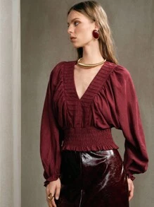 Aveloria Elegancka bluzka damska z plisowanymi marszczeniami i długim rękawem w stylu boho, w stylu boho - Burgund - Zobacz 6