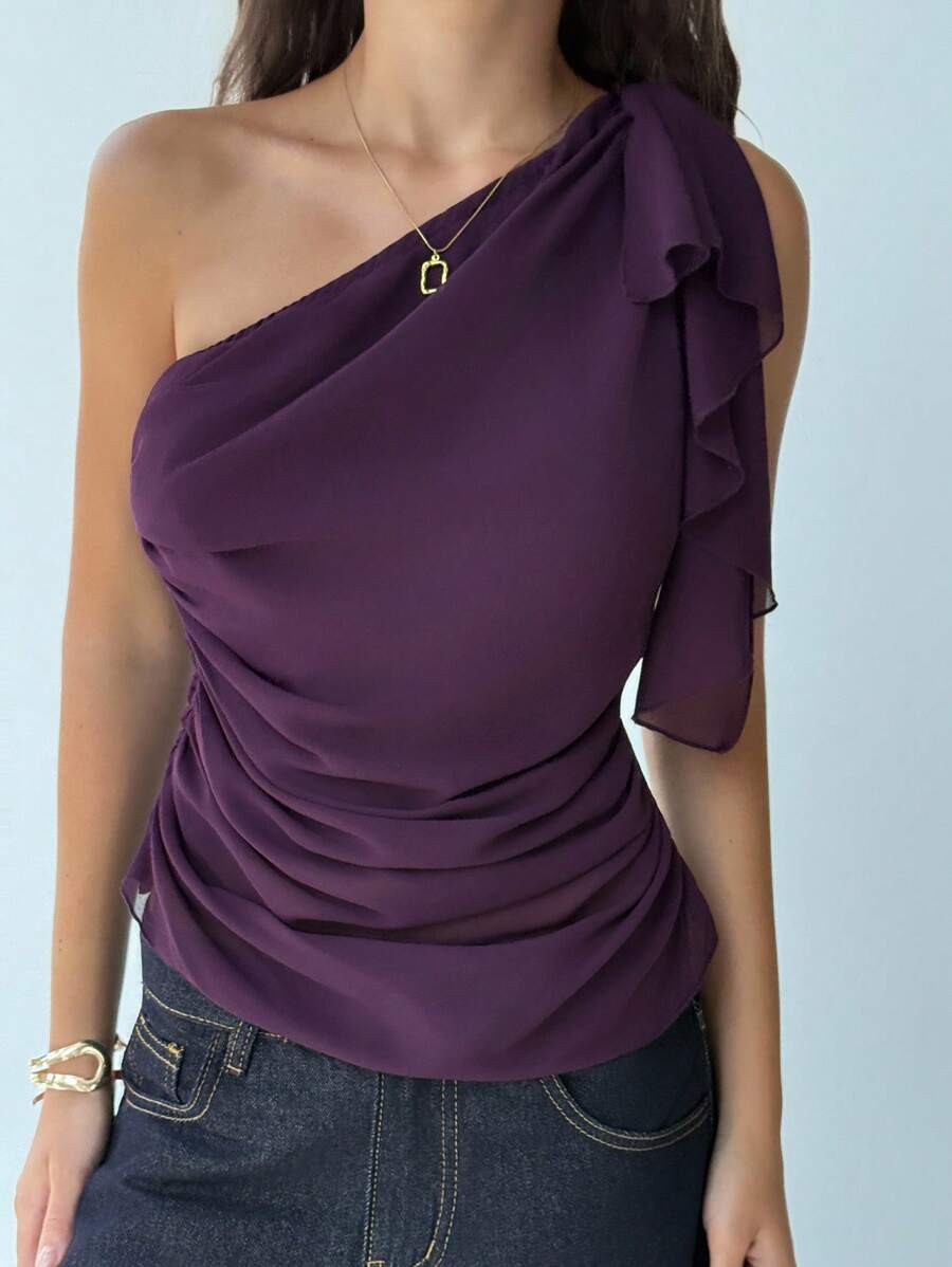 Aloruh Áo kiểu nữ thanh lịch màu trơn xếp ly lệch vai, áo mùa hè dáng suông kiểu giáo viên, áo voan xếp ly bất đối xứng màu tím lãng mạn cho buổi hẹn hò. - Màu tím - Xem 1