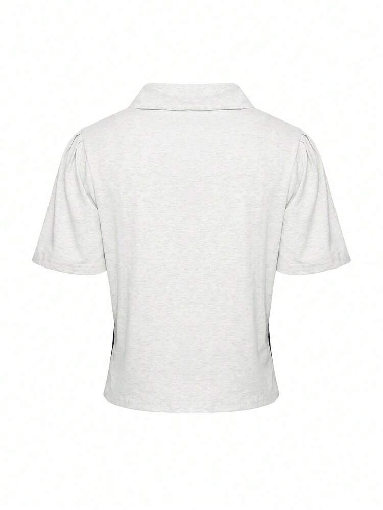 Retro American Colorblock Lace Decor Letter Print Short Sleeve T-Shirt