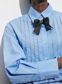 Maija 女士浪漫假日褶饰蝴蝶结长袖单排扣短衬衫，春季 - 藍色 - 查看 6