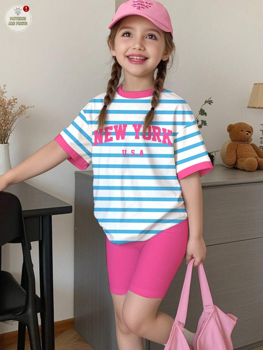 SHEIN 2pcs/Set Young Girl Casual Blue Striped With "NEW YORK" Graphic, Contrast Pink, Back To School, Collegiate Style, Short Sleeve Top And Shorts, Cute Summer Outfit