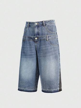 Street Life Short en jean ample à jambes larges avec double ceinture pour hommes