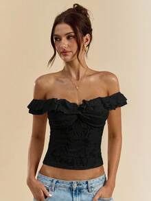 SHEIN BAE Women's White Textured Knit Open Shoulder Double Ruffle Front Twist Bodycon Top, White Blouse, Summer Top Black Tops,Valentine's Day,Valentine Outfits For Women - Black - View 7