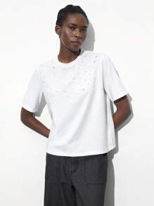 Maija Women's Spring Rhinestone Decor Design Short Sleeve Cropped White T-Shirt,Festival - White - View 4