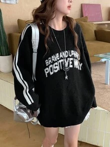 DAZY 女士圆领休闲韩版风格艺术字母撞色长袖毛衣秋季