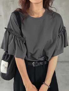 FRIFUL 女士宽松休闲纯色盖袖T恤，夏季，褶边