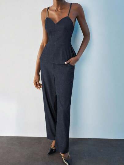 Maija Conjunto de dos piezas de camiseta sin mangas y pantalones de unicolor casual para mujer, para verano