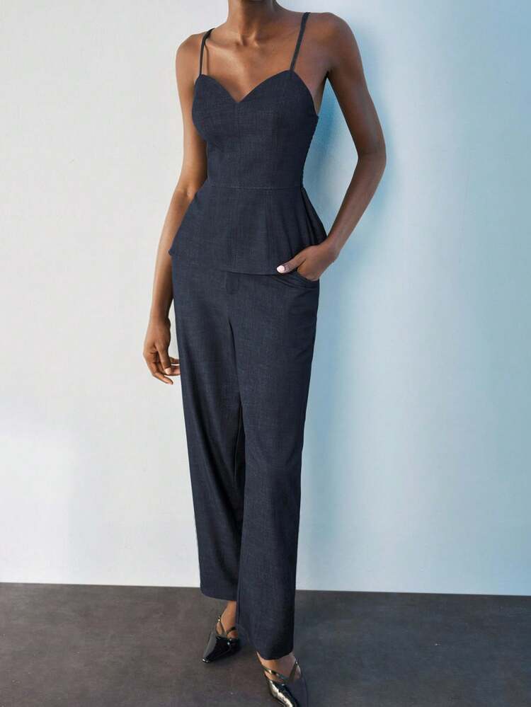 SHEIN Maija Women Solid Color Camisole And Pants Two Pieces Set,Fall Clothes For Women