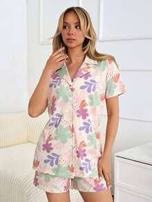 Conjunto de 2 piezas de mujer de algodón con estampado de flores, blusa de manga corta y shorts para usar en casa