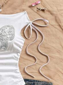 Soleia Women's Sequin Bowknot Ruched Shoulder Fashionable Blouse  Party , White Tank Top, Sequin Bow Top, Casual Tops Women Summer Sequin Party  Casual Blouses For Women White Top Casual Blouses For Women Holiday Vacation - White - View 6