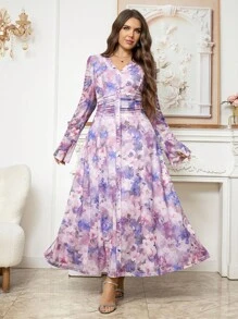 SHEIN Clasi Curvy Plus Size 女式紫色优雅花卉印花高弹力网眼印花长袖荷叶边袖腰长裙，2025 年新款，加大码优雅浪漫花卉印花 V 领宽松喇叭袖连衣裙 - 紫色 - 查看 3