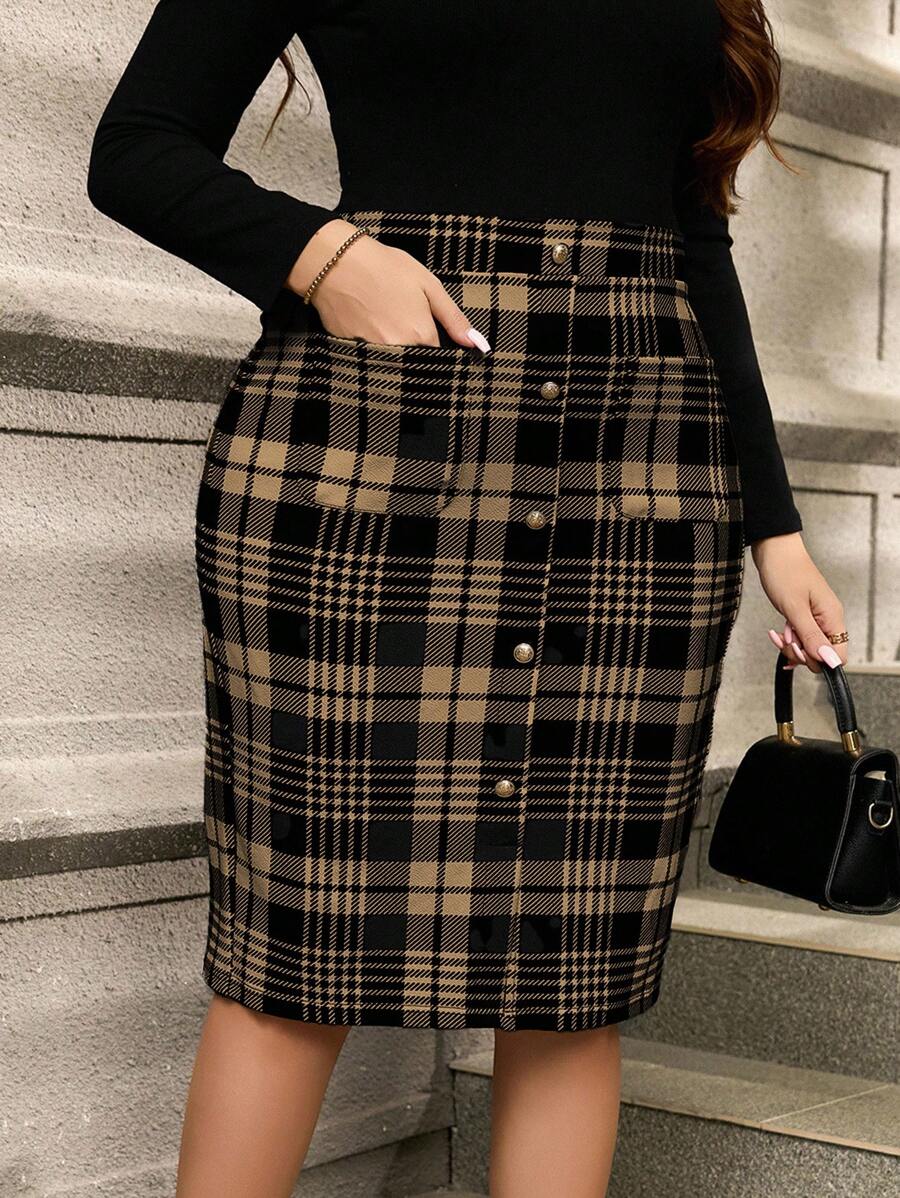 SHEIN Clasi 大码优雅通勤格子前扣修身半身裙 - 卡其色 - 查看 1