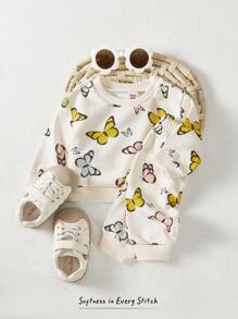 Cozy Pixies Đứa bé gái In bướm Áo len & Quần nỉ - Màu be - Xem 3