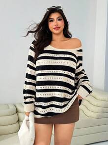 SHEIN EZwear 大码女式条纹镂空插肩袖宽松休闲套头衫女式条纹套头衫大码女式套头衫秋冬装 - 彩色 - 查看 4