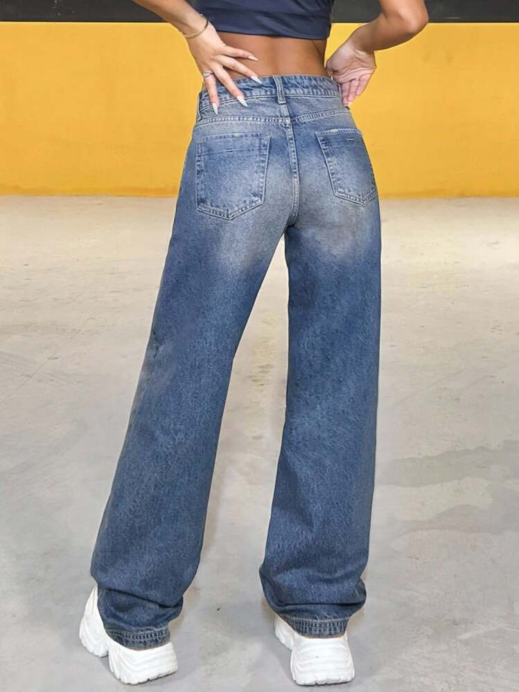 EURMUSE Vintage Y2K Jeans mit tiefer Taille und weitem Bein - Dunkle Waschung - Übersicht 2