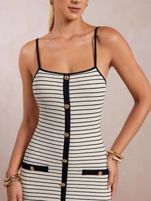 L'Amorae Women Striped Color Block Knit Midi Length Dress, Old Money Vacation Business Casual - Black and White - View 2