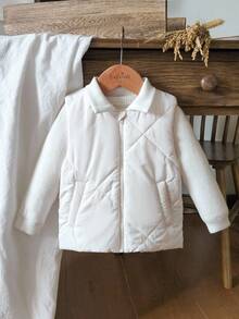 SHEIN Vintaside Kids 幼儿男童夹棉背心夹克，舒适、时尚、简约、可爱、百搭，秋冬 - 米色 - 查看 3