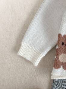 PrepCrw Baby Girls Campus Style Bear Print Pullover Sweater Adorable Baby Girl Autumn Sweater, White Knit Long Sleeve Pullover With Playful Brown Bear Design School Tops Clothes Outfit Cute Tops Graphic Tees Fall Winter - Multicolor - View 4