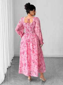 Elenzga Plus Size Women's Elegant Square Neck Ditsy Floral Waist Cinched A-Line Long Sleeve Dress Fall Cloth For Women - Pink - View 2