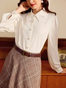 Vintamour 复古优雅女士衬衫领蝴蝶结珍珠纽扣休闲度假上衣教师装秋季女装秋季女装度假装扮女士娃娃衫外出上衣女士冬季女装商务休闲装女士办公室装扮女士白色服装女士秋季装扮女士乡村音乐会装扮圣诞教堂装扮女士秋季装扮女士秋季上衣复古风格女士可爱上衣优雅装扮 - 白色 - 查看 3