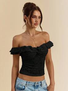 SHEIN BAE Women's White Textured Knit Open Shoulder Double Ruffle Front Twist Bodycon Top, White Blouse, Summer Top Black Tops,Valentine's Day,Valentine Outfits For Women - Black - View 3