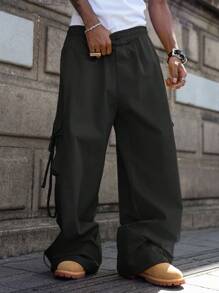 PAVTROS Manfinity Streetrush Men's Fashionable Versatile Solid Color Cargo Pants, For Fall - Black - View 7