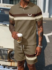 Manfinity Homme Men's Casual Wing Icon Contrast Texture Polo Shirt Set - Multicolor - View 5