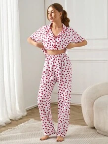RueChic Women Contrast Colour Piping Detail Buttın Front Heart Pattern Homewear PJ Set - White - View 5
