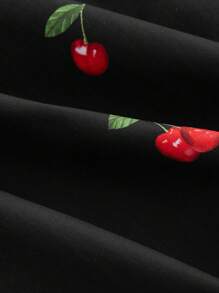 SHEIN CURVE+ Curves 大码/学校服装/返校服装/返校大码女式樱桃印花前袋侧拉链背带裙 - 黑色 - 查看 4