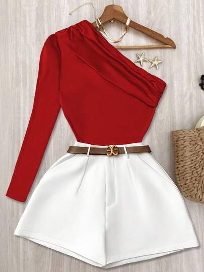 INAWLY Conjunto de 2 piezas de top de manga larga con un hombro y shorts plisados de unicolor para mujer