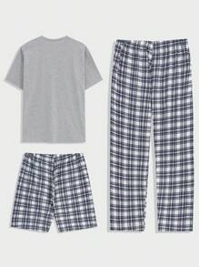 EURMUSE 男士格紋口袋T恤，短褲和長褲3入組家居睡衣套裝