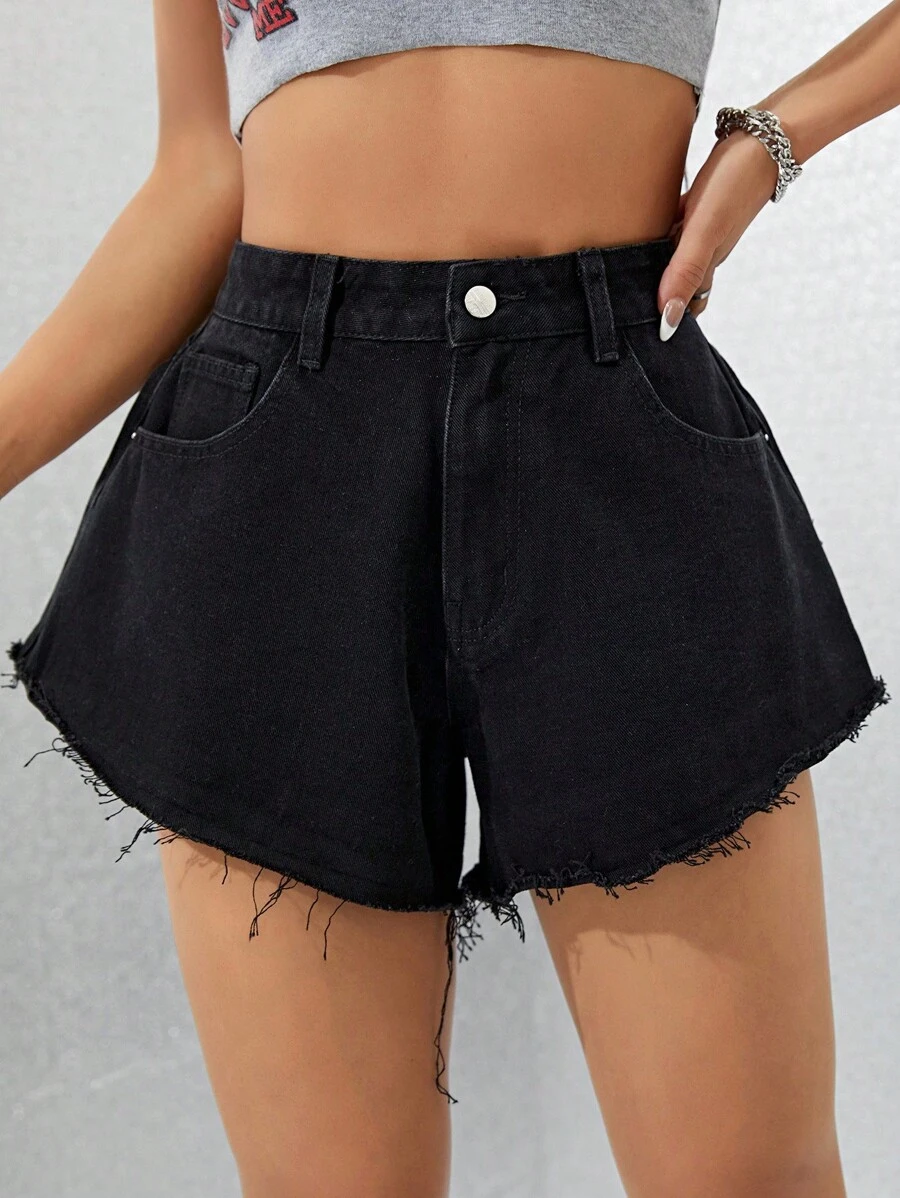 SHEIN Tall Casual Wide Leg High Waist Black Denim Shorts - Black - View 1