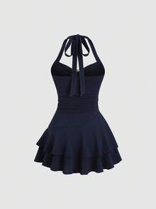 Sweetra Women's Navy Blue Summer Sailor Beach Vacation Holiday Holiday Halter Neck Tie Front Textured Ruched Metallic Decor Tiered Ruffle Hem Mini Dress - Navy Blue - View 2
