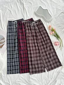 Dream Adore 3 pièces Set: Pantalon de pyjama à jambe large à imprimé écossais tissé, pantalon de détente pour dormir, vêtements d'automne - Multicolore - Voir 3