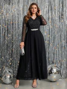 Ellevyn 大码优雅派对亮片和水钻装饰连体裤 - 黑色 - 查看 5