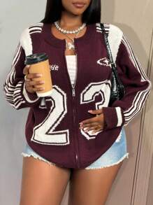 Slaydiva Cárdigan de punto con cremallera, número 23, holgado, color burdeos e marfil, para mujer talla grande, para otoño temprano, estilo universitario y urbano casual, para uso diario y vuelta al colegio, para salidas diarias en invierno y otoño - Burdeos - Ver 6