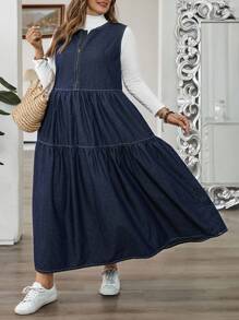 SHEIN CURVE+ 大码女式休闲宽松无袖牛仔连衣裙 - 藍色 - 查看 4