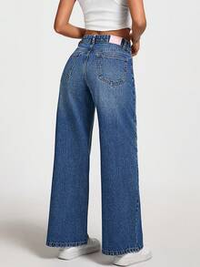 EURMUSE Jeans rectos de tiro bajo lavados para mujer - Azul lavado medio - Ver 5