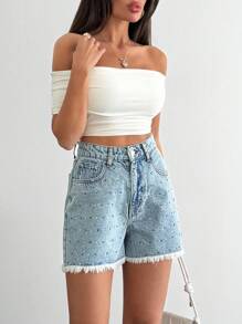 EURMUSE 高腰牛仔休闲短裤 蓝色 配宝石