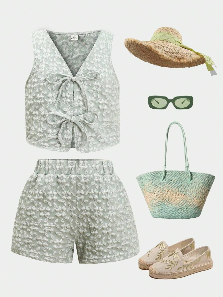 Tween Girl Casual Jacquard Bowknot Strap Tank Top And Shorts 2 Pieces Set - Mint Green - View 1