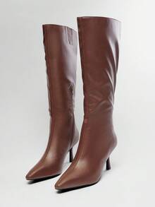 SHUZIA Women Everyday Basic Comfortable Zip-On Mid-Calf Kitten Heeled Boots - Chocolate Brown - View 7