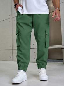 Manfinity Homme Plus Size Men's Drawstring Waist Cargo Pocket Casual Jogger Pants, For Fall - Green - View 3