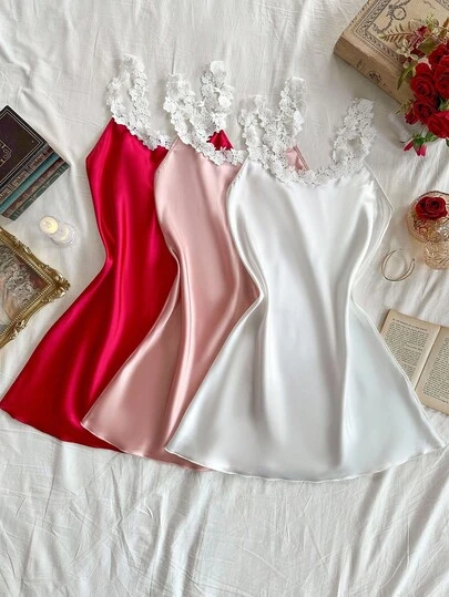 SHEIN 3 件套女士性感蕾丝吊带睡袍，优雅缎面 3 色组合睡衣套装，适合所有季节