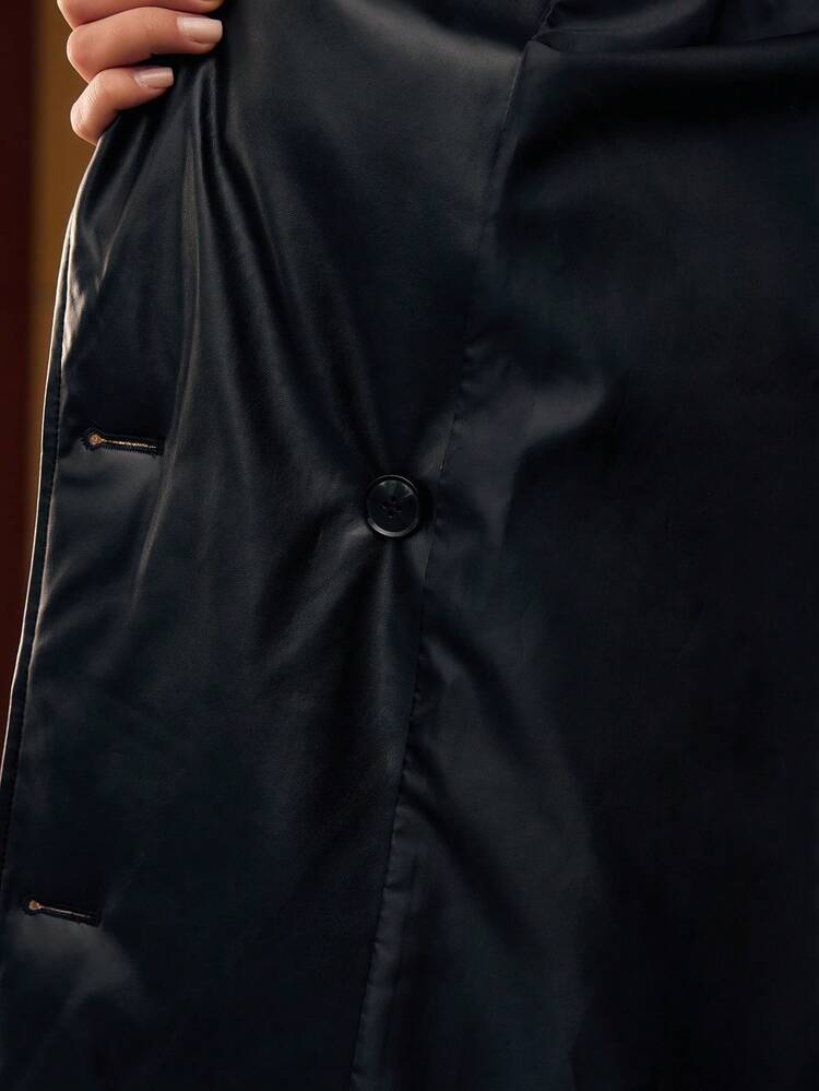 PU LEATHER SOLID PEAK COLLAR DOUBLE BREASTED PLACKET LONGLINE WINTER COAT